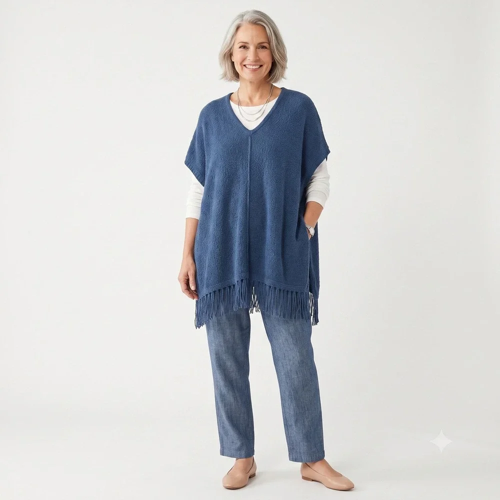 Pure Jill Blue Textured Knit V-Neck Fringe Hem Poncho Sweater Plus Size 3X